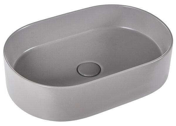 Umývadlo na dosku sivé keramické 500 x 330 mm matné oválne s odtokovou zátkou klik-klak moderný štýl kúpeľňa