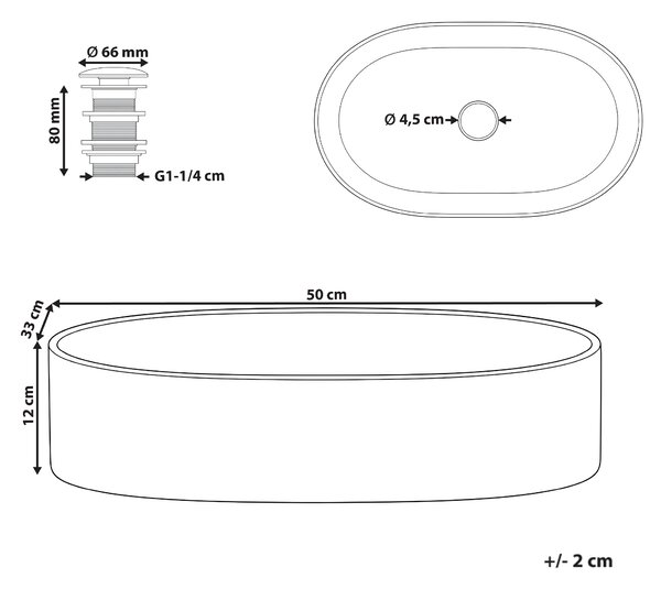 Umývadlo na dosku čierne keramické 500 x 330 mm matné oválne s odtokovou zátkou klik-klak moderný štýl kúpeľňa