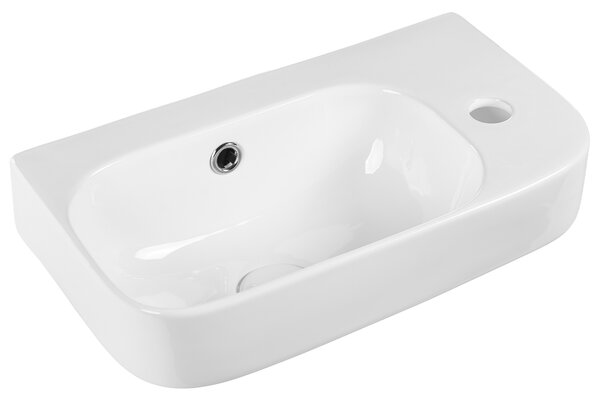 Umývadlo na dosku biele keramické 450 x 270 mm lesklé obdĺžnikové s odtokovou zátkou klik-klak pravostranné moderný štýl kúpeľňa