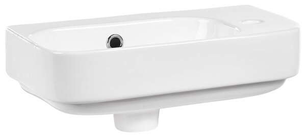 Umývadlo na dosku biele keramické 450 x 270 mm lesklé obdĺžnikové s odtokovou zátkou klik-klak pravostranné moderný štýl kúpeľňa