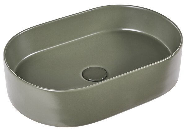 Umývadlo na dosku zelené keramické 500 x 330 mm matné oválne s odtokovou zátkou klik-klak moderný štýl kúpeľňa