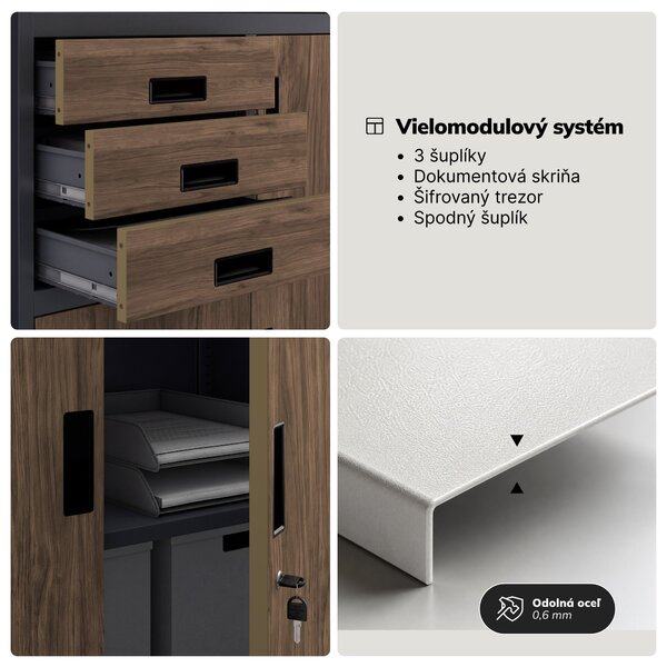 Kovová kancelárska skriňa so sejfom antracitová, orech, 900x1850x400 mm: FILIP II Eco Design
