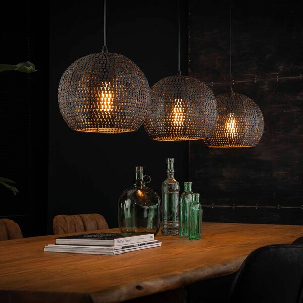 ZIJLSTRA Závesná lampa Setengah 3-pl., tienidlá okrúhle, Hnedá / hrdzavá, Obývacia izba / jedáleň, kov, Vintage, Závesné svietidlo