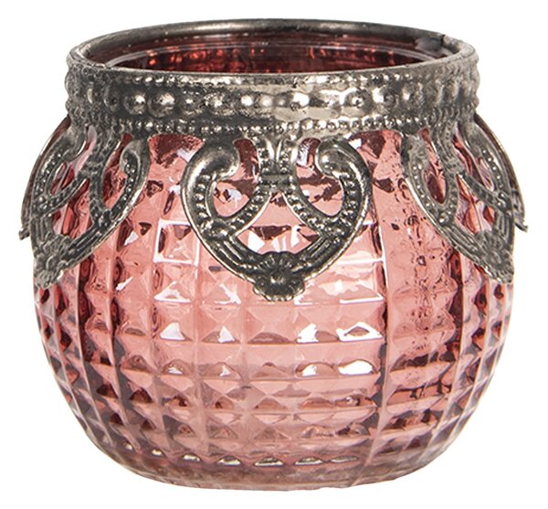 Červený sklenený svietnik na čajovú sviečku s kovovým zdobením -O 6 * 5 cm