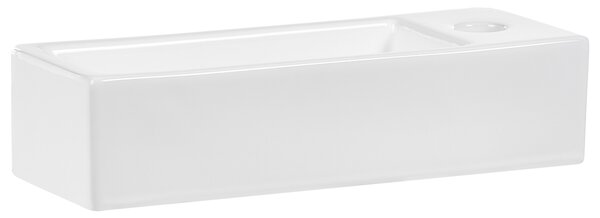 Umývadlo na dosku biele keramické 380 x 140 mm lesklé obdĺžnikové s odtokovou zátkou klik-klak pravostranné moderný štýl kúpeľňa
