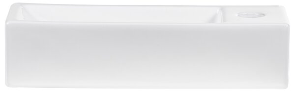 Umývadlo na dosku biele keramické 380 x 140 mm lesklé obdĺžnikové s odtokovou zátkou klik-klak pravostranné moderný štýl kúpeľňa