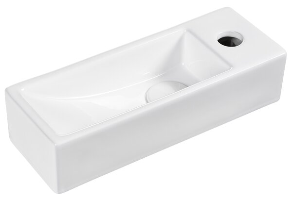 Umývadlo na dosku biele keramické 380 x 140 mm lesklé obdĺžnikové s odtokovou zátkou klik-klak pravostranné moderný štýl kúpeľňa