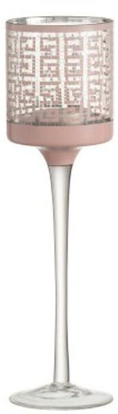 Ružový sklenený svietnik na nožičke s ornamentami - Ø 7 * 25cm