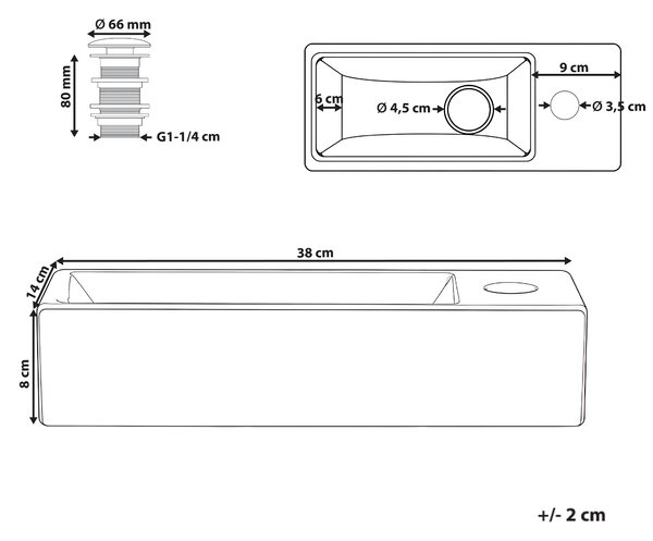 Umývadlo na dosku biele keramické 380 x 140 mm lesklé obdĺžnikové s odtokovou zátkou klik-klak pravostranné moderný štýl kúpeľňa