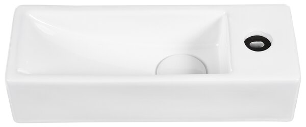Umývadlo na dosku biele keramické 380 x 140 mm lesklé obdĺžnikové s odtokovou zátkou klik-klak pravostranné moderný štýl kúpeľňa