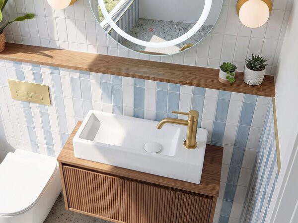 Umývadlo na dosku biele keramické 380 x 140 mm lesklé obdĺžnikové s odtokovou zátkou klik-klak pravostranné moderný štýl kúpeľňa