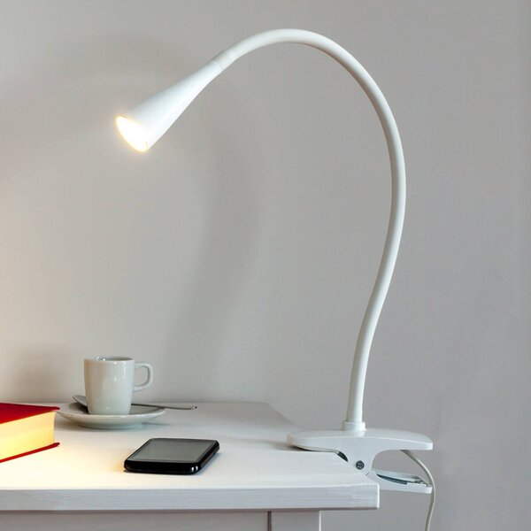 Lindby LED svietidlo Baris, biele, výška 44 cm, 3000K, Biela / opálová, Pracovňa / Kancelária, kov, Moderný, Lampa s klipom/do zásuvky