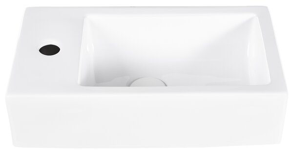 Umývadlo na dosku biele keramické 450 x 240 mm lesklé obdĺžnikové s odtokovou zátkou klik-klak ľavostranné moderný štýl kúpeľňa