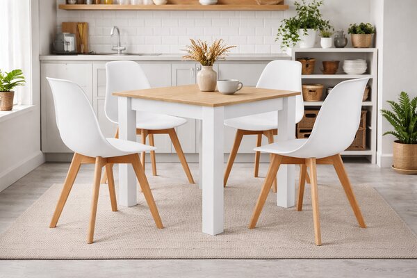 Jedálenský set: Stôl NP 80×80 cm sonoma/biela + 4 ks KITO stoličky, čierna/prírodné nohy