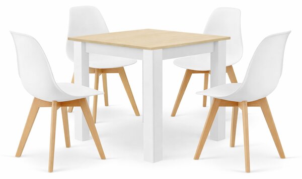 Jedálenský set: Stôl NP 80×80 cm sonoma/biela + 4 ks KITO stoličky, čierna/prírodné nohy