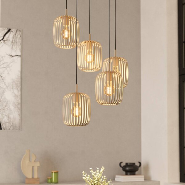 Závesná lampa Romazzina, piesková farba, oceľ, Ø 50 cm, 5 svetiel., Krémová / jantárovo žltá, Obývacia izba / jedáleň, kov, Moderný, Závesné svietidlo