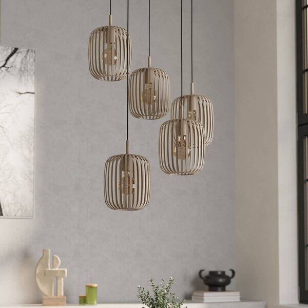 Závesná lampa Romazzina, piesková farba, oceľ, Ø 50 cm, 5 svetiel., Krémová / jantárovo žltá, Obývacia izba / jedáleň, kov, Moderný, Závesné svietidlo
