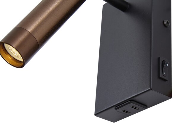 Moderné nástenné svietidlo čierne s tmavým bronzom nastaviteľné s USB-C - Croft