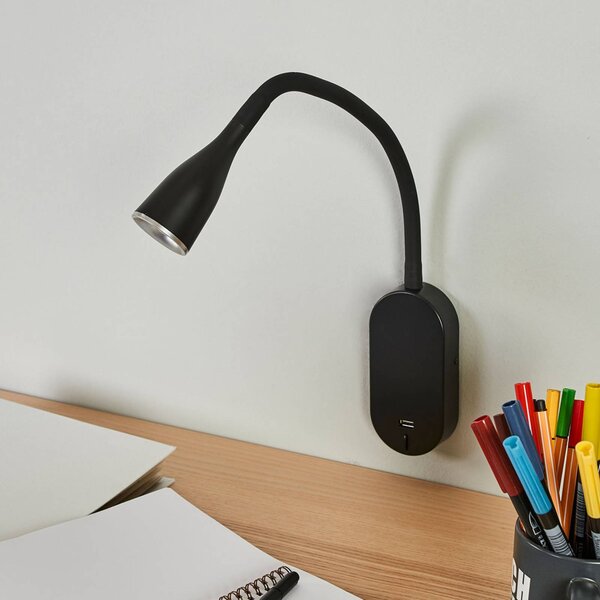 Nástenné svietidlo Lindby LED Enna, 34 cm, čierne, vypínač, USB, Čierna, Spálňa, Plast, Moderný, Svetlo na čítanie