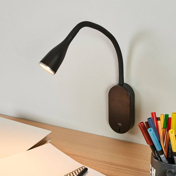 Nástenné svietidlo Lindby LED Enna, 34 cm, čierne, vypínač, USB, Čierna, Spálňa, Plast, Moderný, Svetlo na čítanie