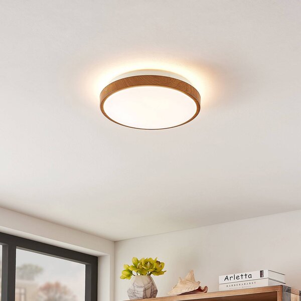 Lindby LED stropné svietidlo Mendosa, okrúhle, svetlé drevo, Ø 29 cm, Svetlé drevo, Obývacia izba / jedáleň, Plast, Moderný, Závesné svietidlo