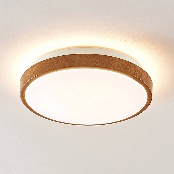 Lindby LED stropné svietidlo Mendosa, okrúhle, svetlé drevo, Ø 29 cm, Svetlé drevo, Obývacia izba / jedáleň, Plast, Moderný, Závesné svietidlo