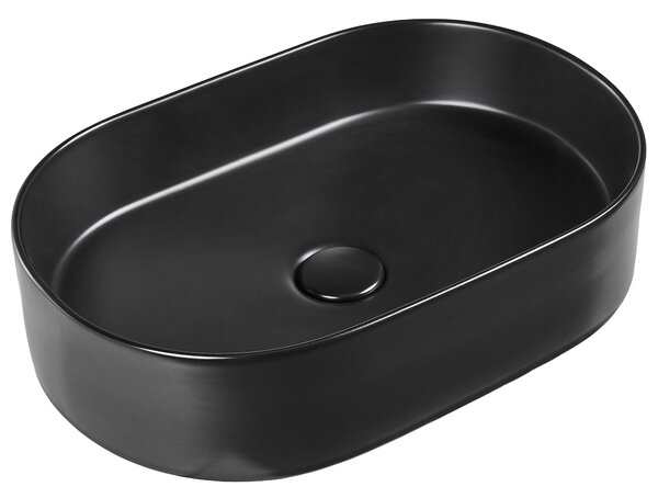 Umývadlo na dosku čierne keramické 500 x 330 mm matné oválne s odtokovou zátkou klik-klak moderný štýl kúpeľňa