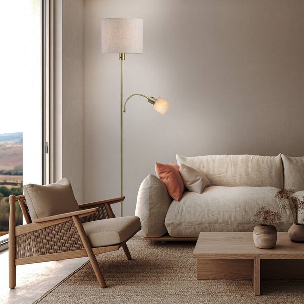 Näve Stojacia lampa Filomena, béžová/mosadz, textil, ramená na čítanie, E14, Krémová / jantárovo žltá, Obývacia izba / jedáleň, kov, Stojaca lampa