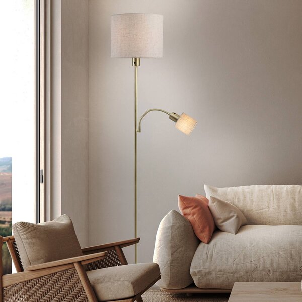 Näve Stojacia lampa Filomena, béžová/mosadz, textil, ramená na čítanie, E14, Krémová / jantárovo žltá, Obývacia izba / jedáleň, kov, Stojaca lampa