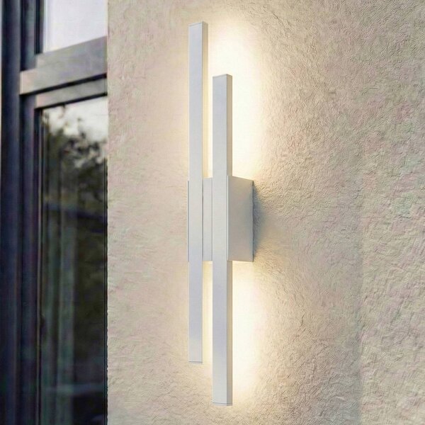 Lindby LED vonkajšie nástenné svietidlo Sakari, biele, hliník, výška 59 cm, Biela / opálová, Hliník, Moderný