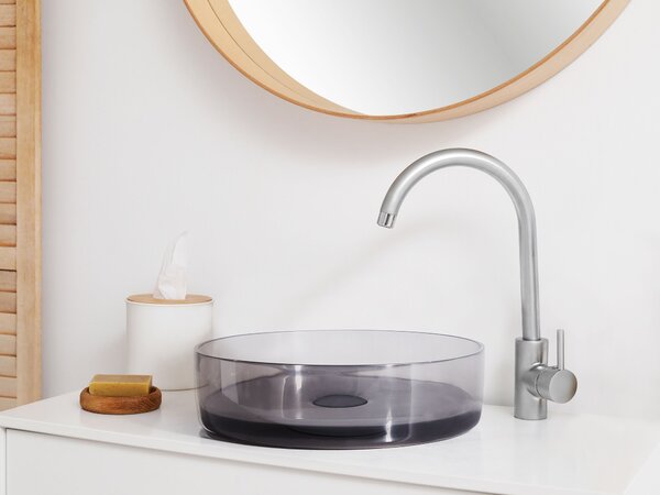 Umývadlo na dosku čierne priehľadné z materiálu solid surface 36 cm okrúhle do kúpeľne