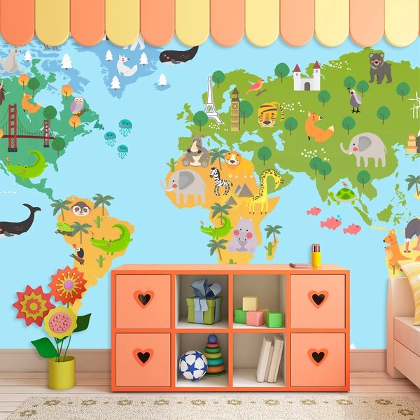 Sablio Tapeta Zvieracia mapa sveta - 125x75 cm