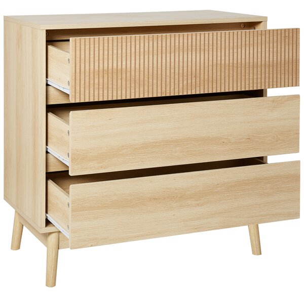 Komoda svetlé drevo MDF nohy z borovicového dreva úložný priestor 3 zásuvky moderný štýl obývacia izba spálňa