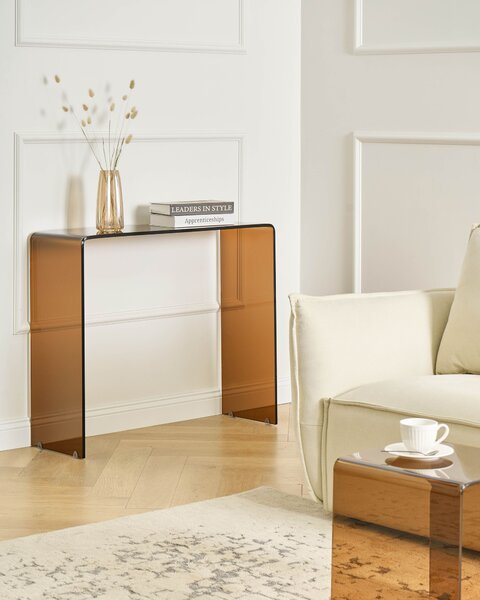 Konzolový stolík hnedý priehľadné tvrdené sklo 30 x 90 cm minimalistický obdĺžnikový moderný