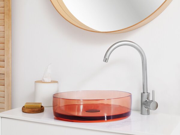 Umývadlo na dosku červené priehľadné z materiálu solid surface 36 cm okrúhle do kúpeľne