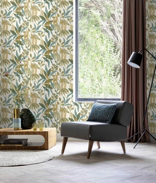 RASCH | Vliesová tapeta na stenu Country Charme 580624 | 0,53 x 10,05 m | biela, zelená