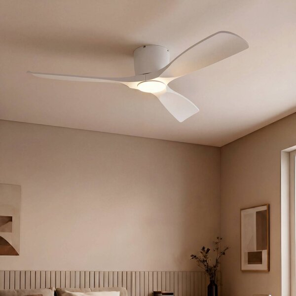 Lucande Smart LED stropný ventilátor Moneno, biely, DC, Tuya, Biela / opálová, Obývacia izba / jedáleň, kov, Moderný