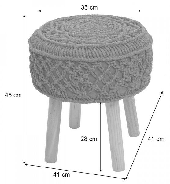 Taburetka J43 80482 - macrame, látka / drevo, 45 x 41cm - Tmavo sivá