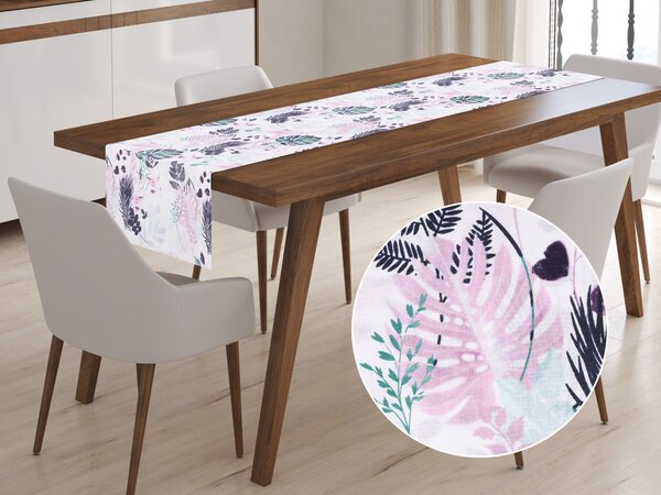 Biante Bavlnený behúň na stôl Sandra SA-292 Zelené a ružové tropické listy na bielom 35x180 cm