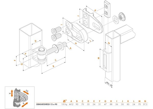 LOCINOX ® Navárací záves M12, 180°, nastaviteľný 3D, čiastočný pozink