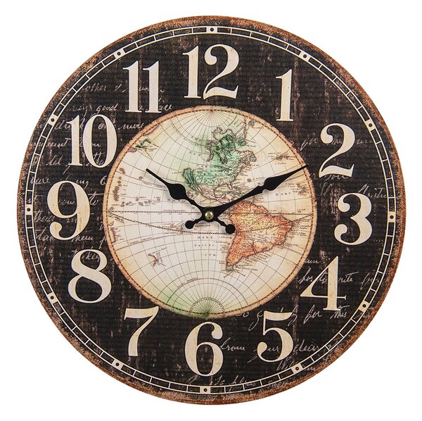 Hnedé nástenné hodiny Diego s mapou - Ø 34 * 1 cm / 1 * AA