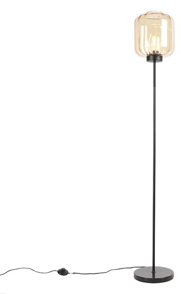 Dizajnová stojaca lampa čierna s jantárovým sklom - Qara
