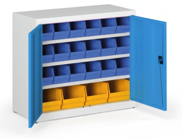 Skriňa s plastovými boxmi BASIC - 800 x 400 x 920 mm, 18x B, 4x C, sivá/modré dvere