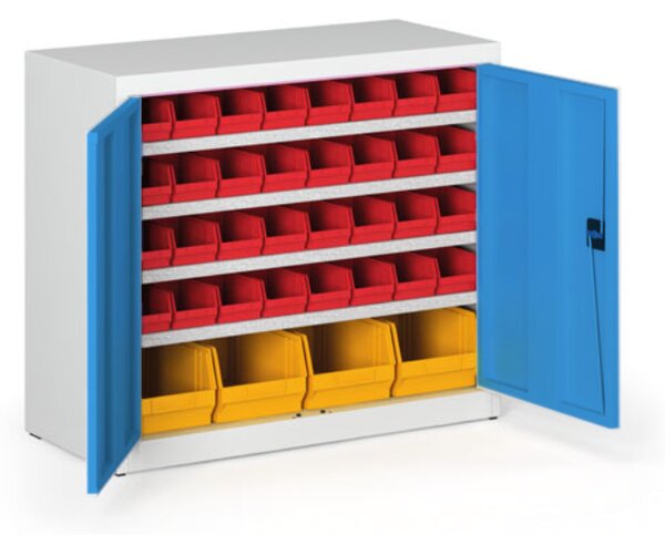 Skriňa s plastovými boxmi BASIC - 800 x 400 x 920 mm, 32x A, 4x C, sivá/modré dvere