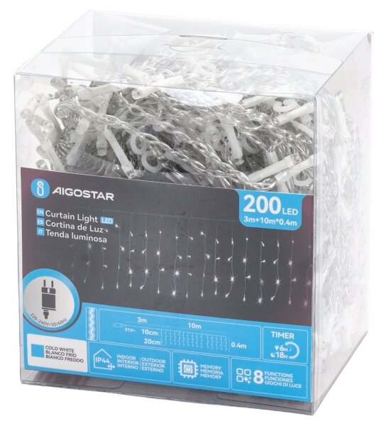 Aigostar - LED vonkajšia vianočná reťaz 200xLED/3,6W/230V/8 funkcií 10x0,4m IP44 studená biela