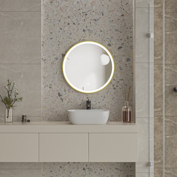 Erga Olivia, okrúhle LED zrkadlo 60cm, zlatý kovový rám, 1380 lm, 6500K, predné osvetlenie, ERG-V01-202-6060-GD