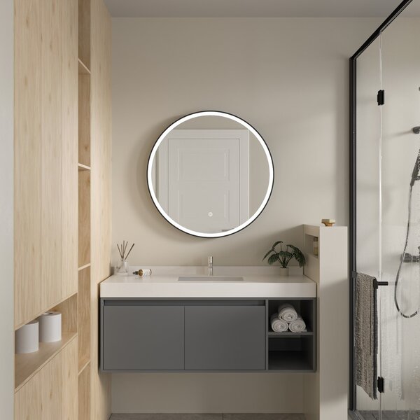 Erga Olivia, okrúhle LED zrkadlo 80cm, čierny kovový rám, 1840 lm, 6500K, predné osvetlenie, ERG-V01-202-8080-BK