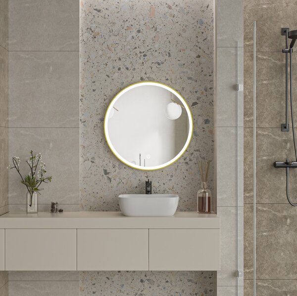 Erga Olivia, okrúhle LED zrkadlo 70cm, zlatý kovový rám, 1610 lm, 6500K, predné osvetlenie, ERG-V01-202-7070-GD