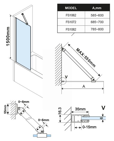 Polysan Polysan, FISA vaňová zástena 600x1500mm, mm, chrom, číre sklo, FS1062-C
