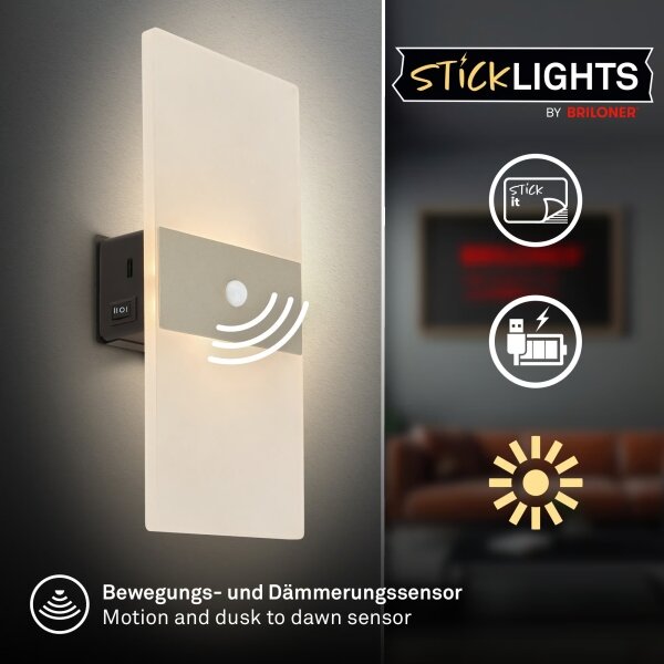 Briloner 3888012 - Nabíjateľné nástenné LED svietidlo AURA so senzorom, 2,5 W / 5 V, 1800 mAh, matné